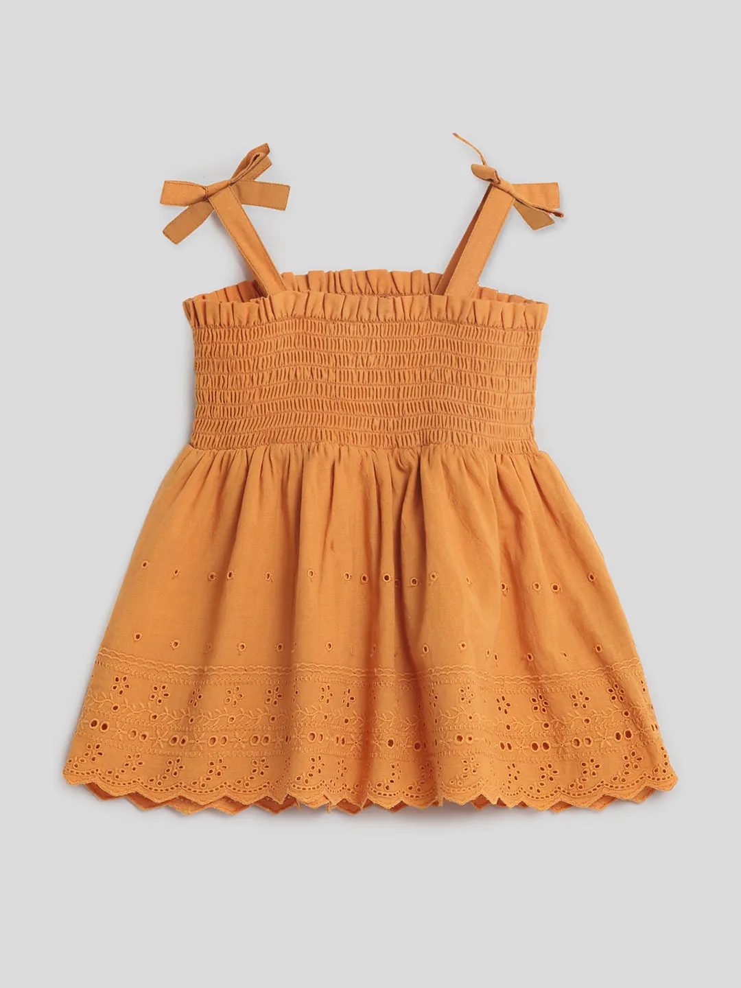 Rust Smocked Schiffli Dress