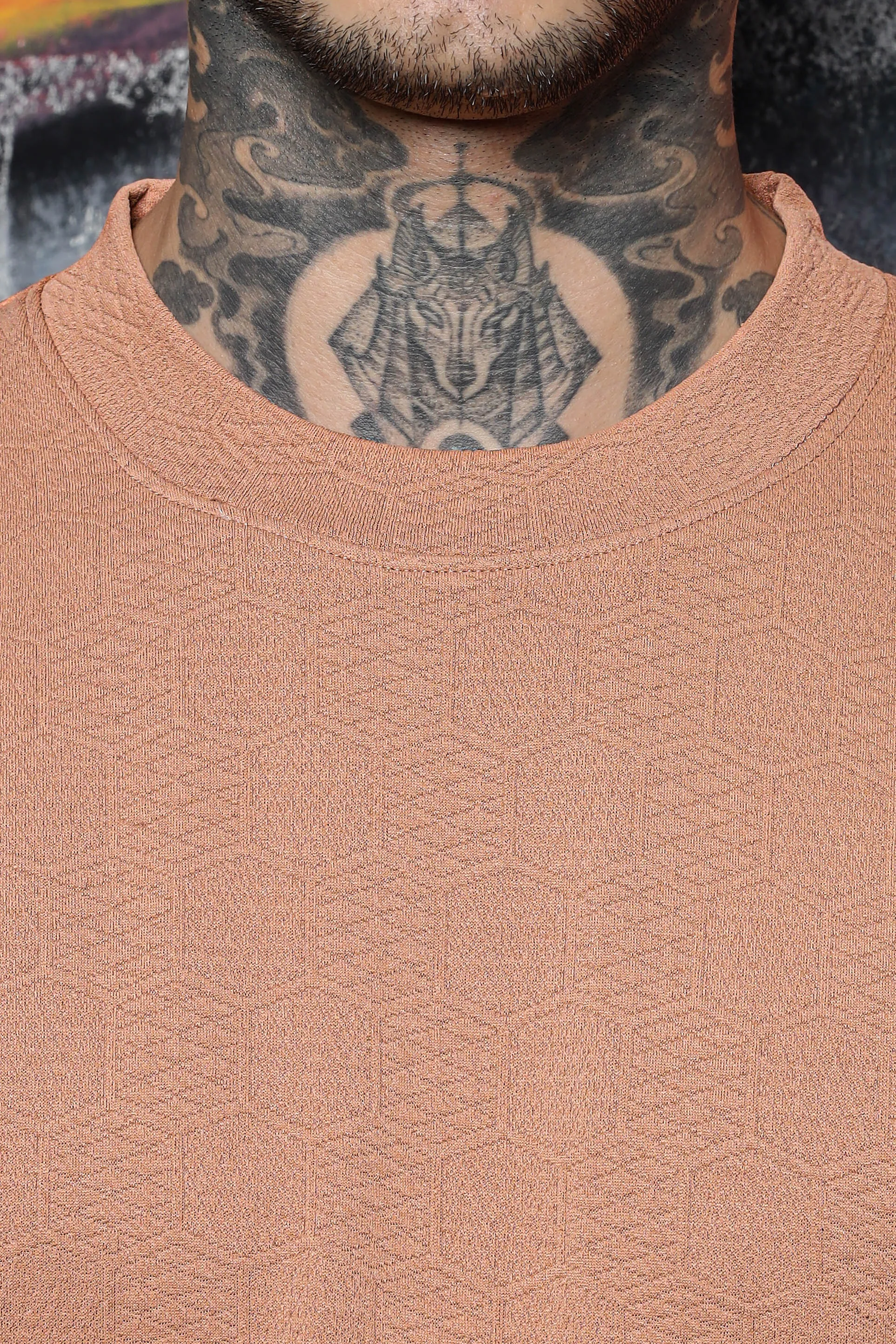 Unisex Brown Textured Round Neck Oversized T-shirt
