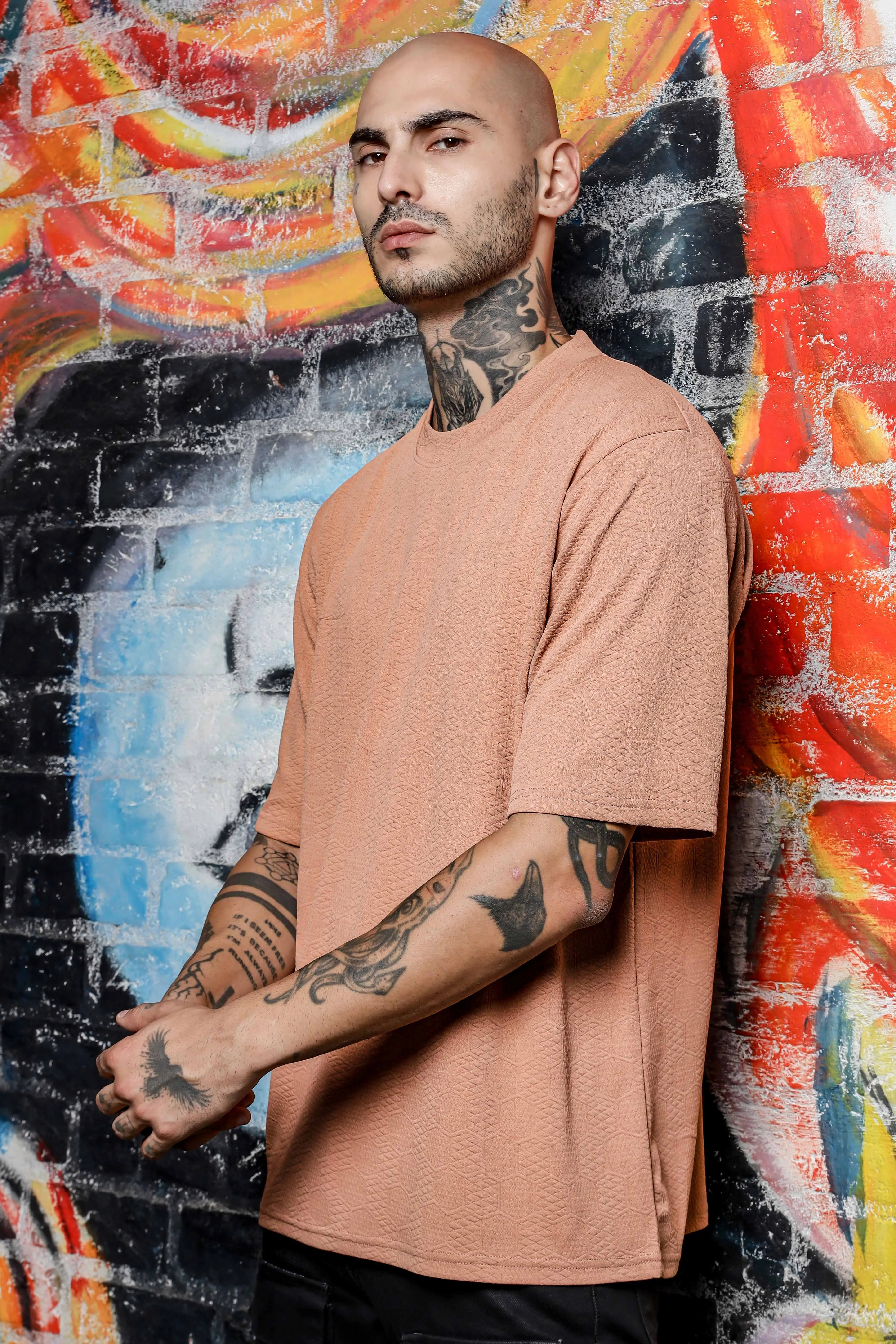 Unisex Brown Textured Round Neck Oversized T-shirt