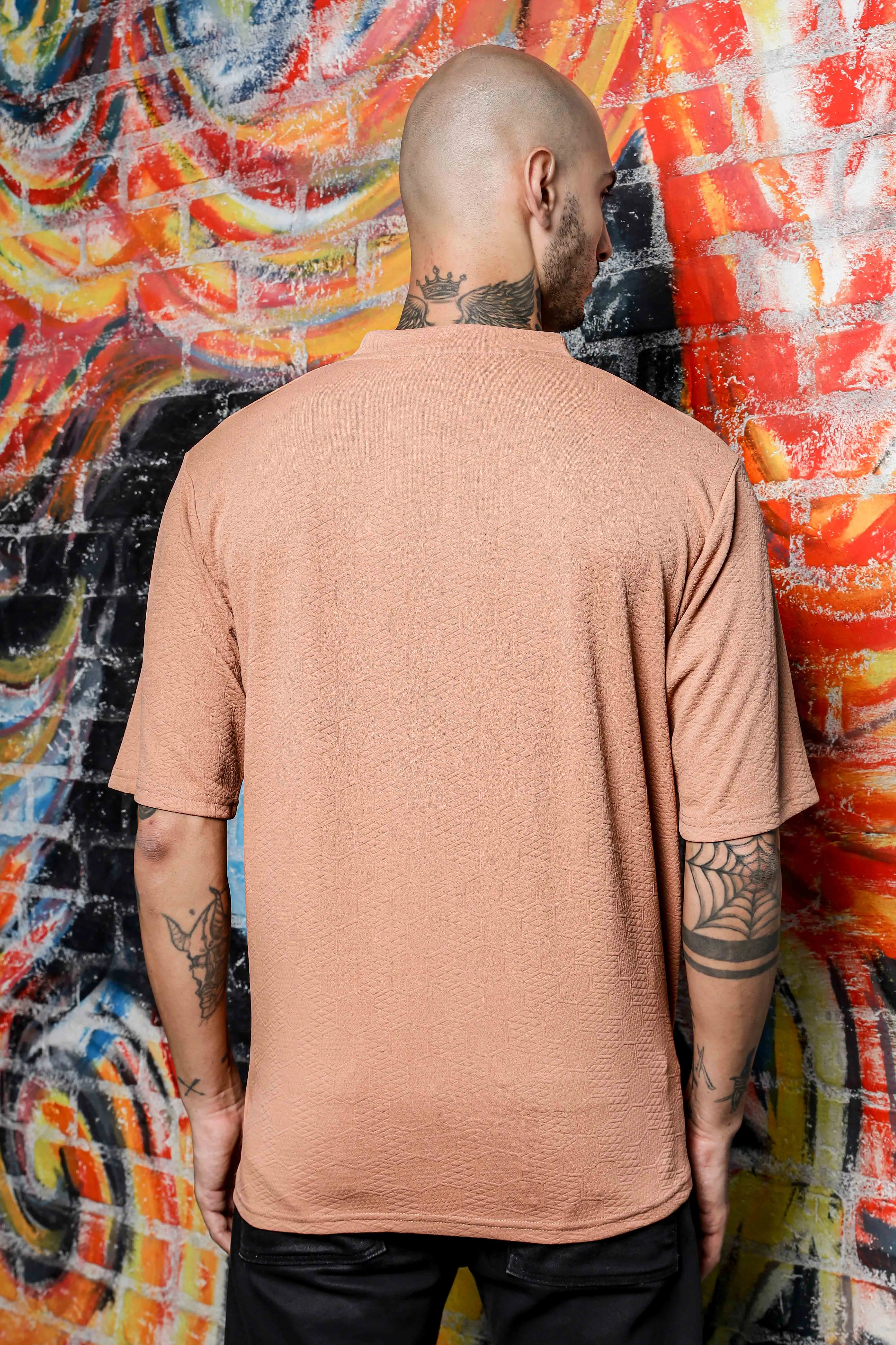 Unisex Brown Textured Round Neck Oversized T-shirt