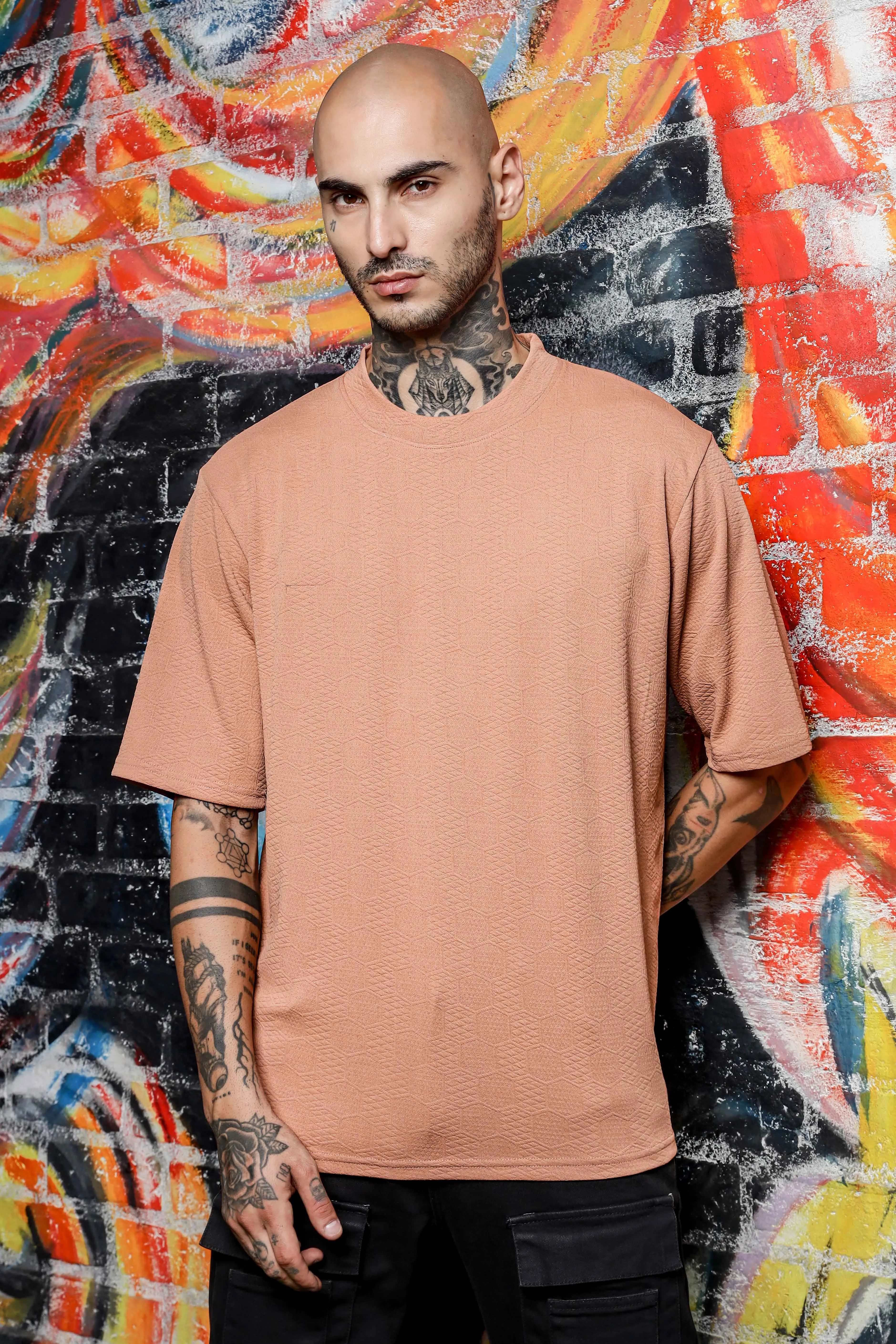 Unisex Brown Textured Round Neck Oversized T-shirt