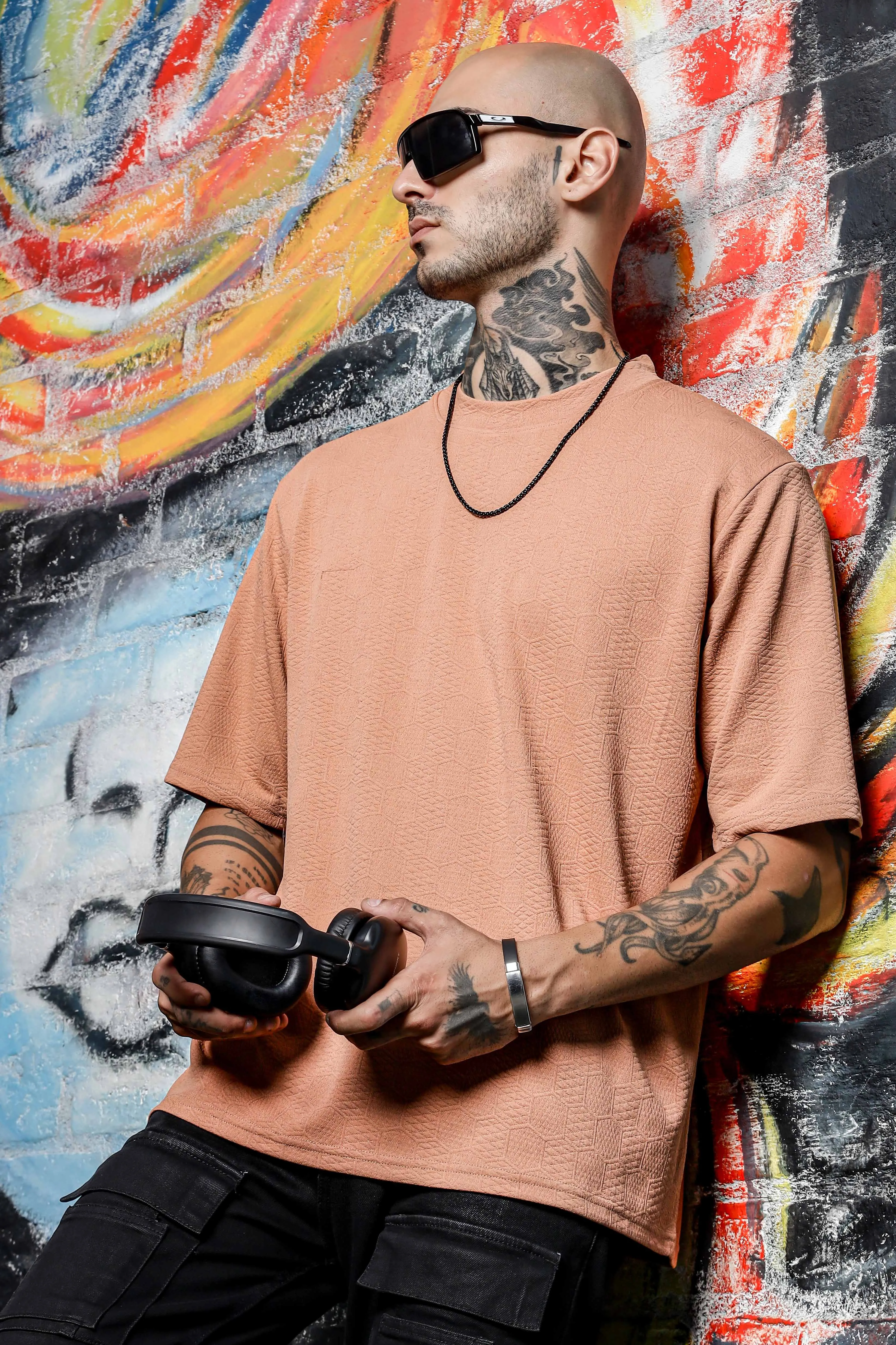 Unisex Brown Textured Round Neck Oversized T-shirt
