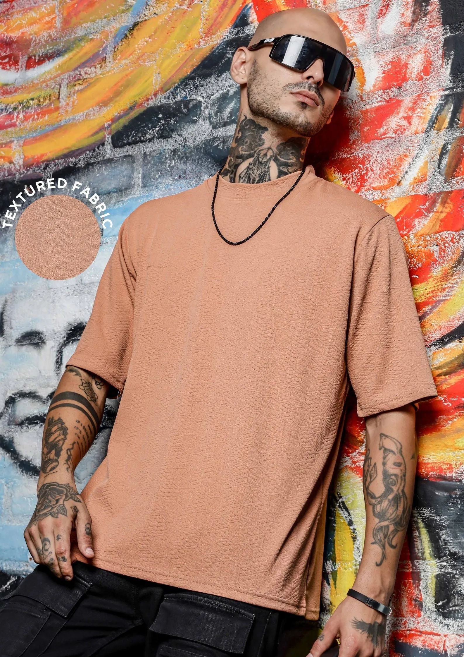 Unisex Brown Textured Round Neck Oversized T-shirt
