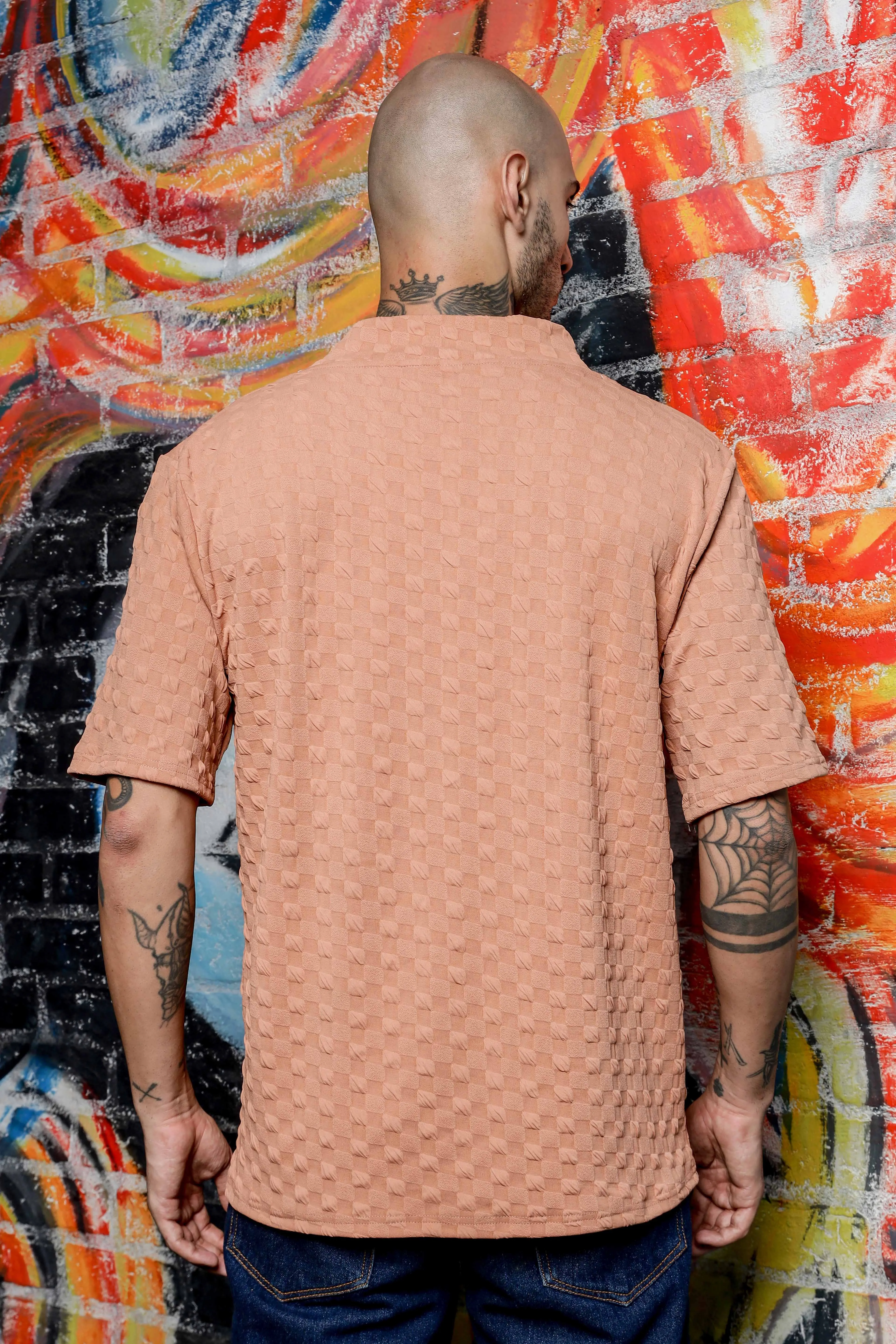 Unisex Brown Textured V-Neck Oversized T-shirt