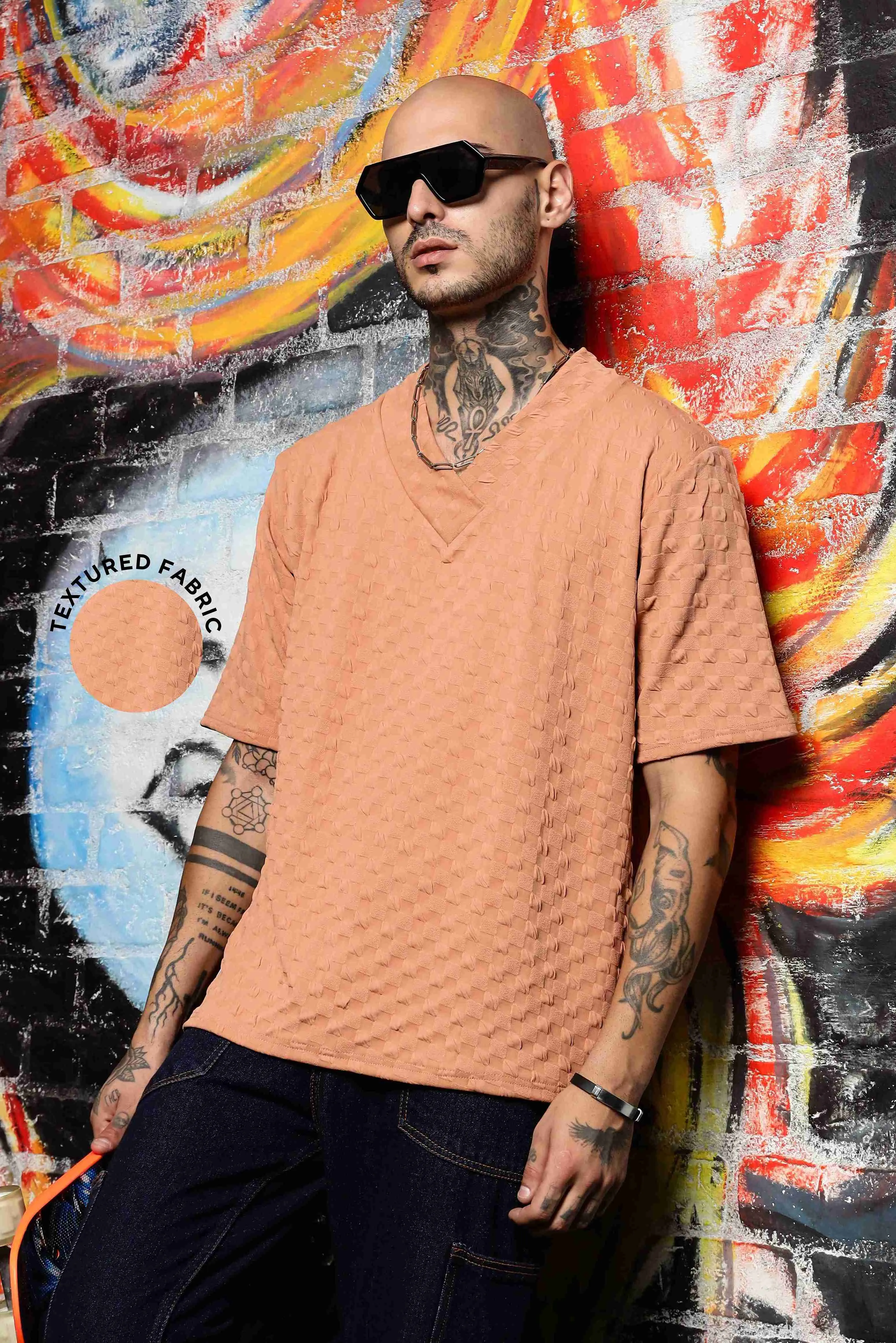 Unisex Brown Textured V-Neck Oversized T-shirt