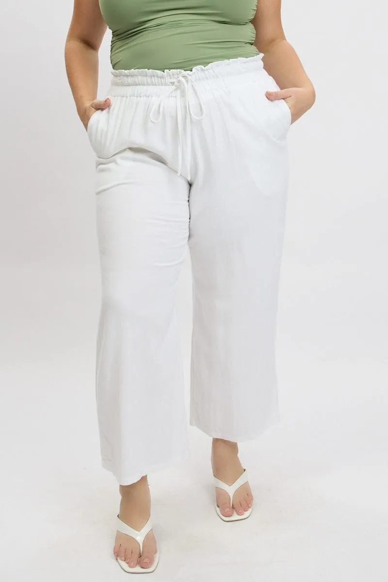 White Wideleg Pants Paperbag Elastic Waist Linen Blend