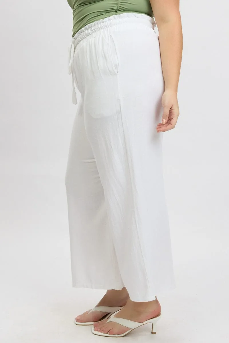 White Wideleg Pants Paperbag Elastic Waist Linen Blend