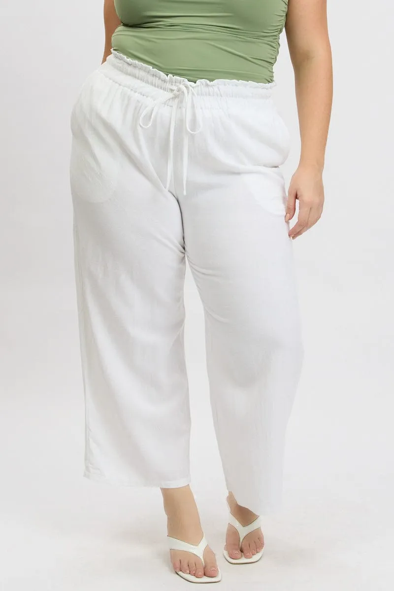 White Wideleg Pants Paperbag Elastic Waist Linen Blend