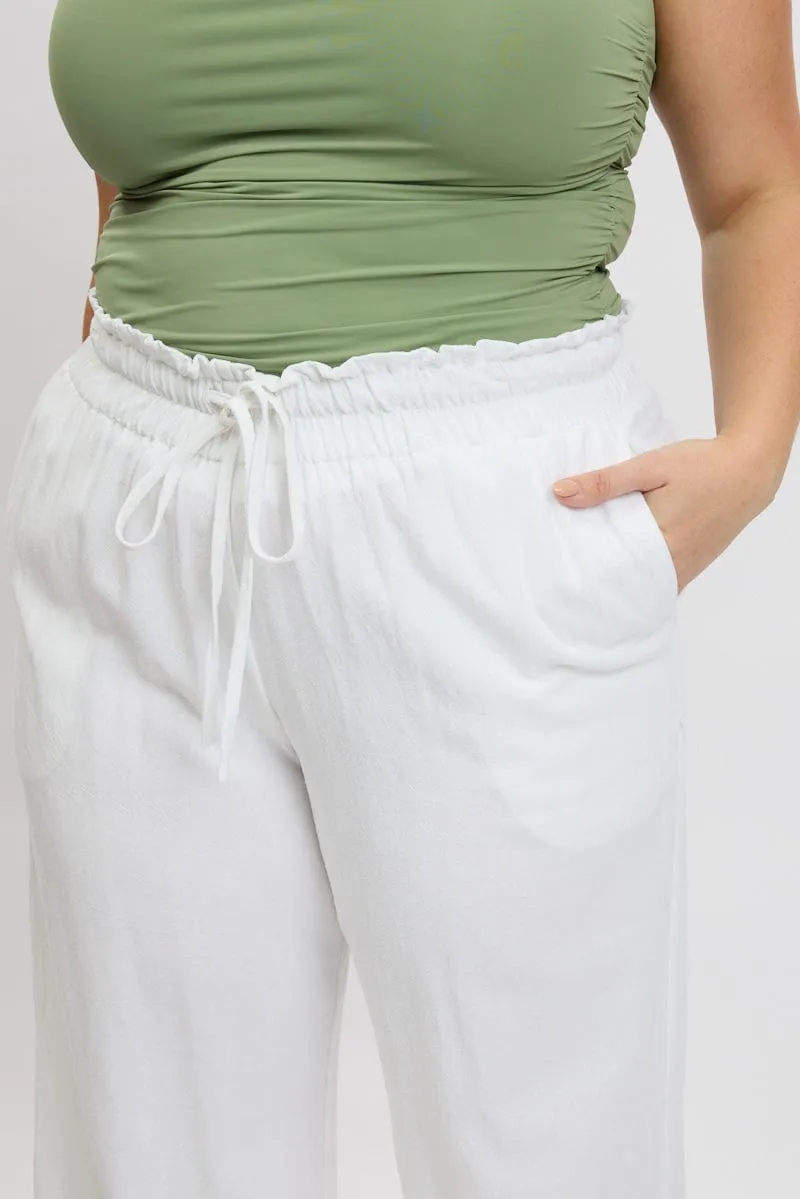 White Wideleg Pants Paperbag Elastic Waist Linen Blend