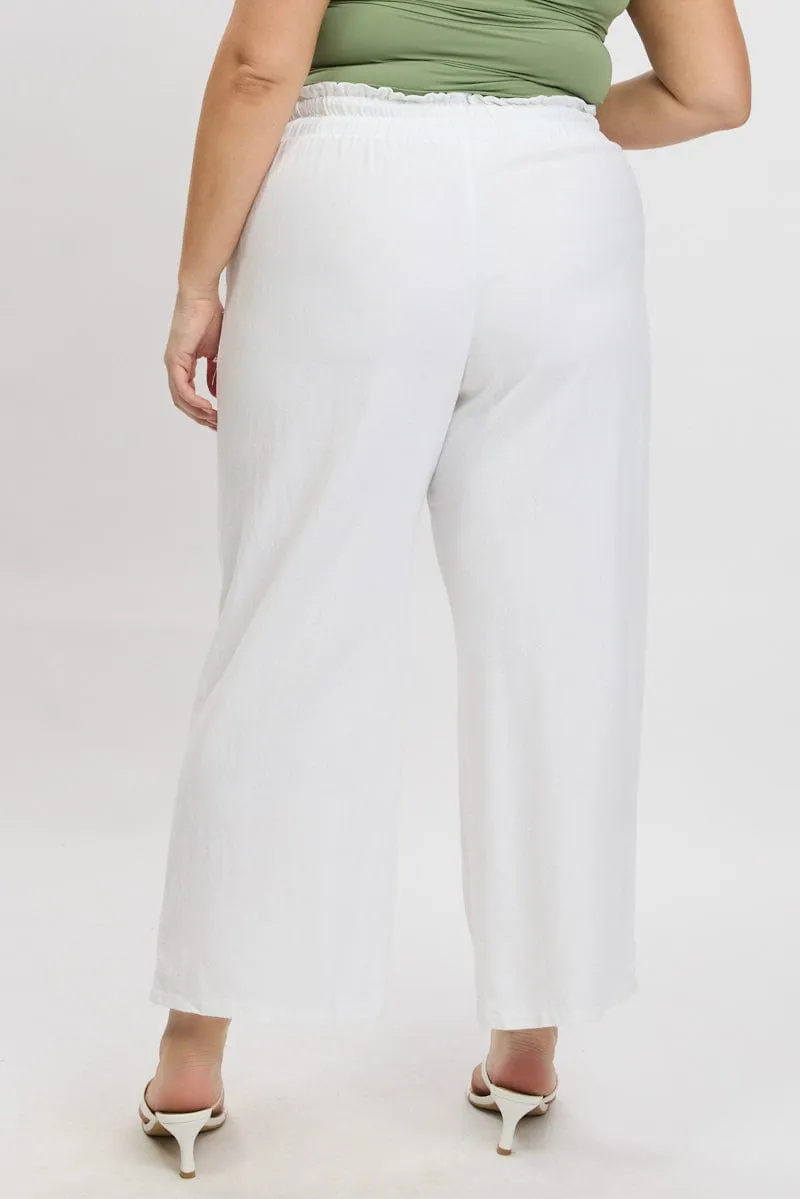 White Wideleg Pants Paperbag Elastic Waist Linen Blend