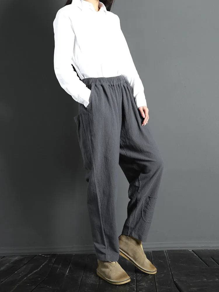 Women Casual Solid Color Elastic Waist Pants With Pocket