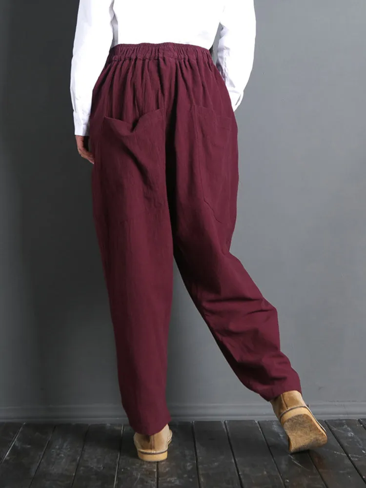 Women Casual Solid Color Elastic Waist Pants With Pocket