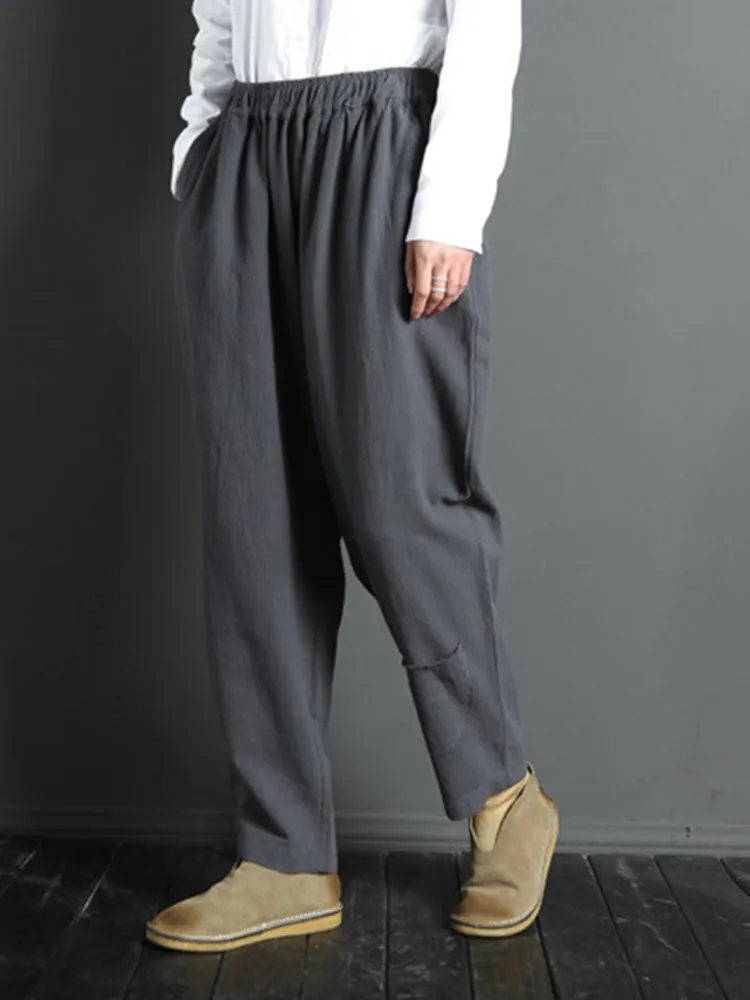 Women Casual Solid Color Elastic Waist Pants With Pocket